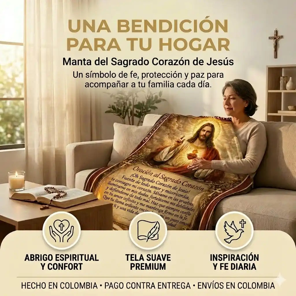 Manta Sagrado Corazon De Jesus 130x90 cm l Fe Y Paz Para Tu Hogar