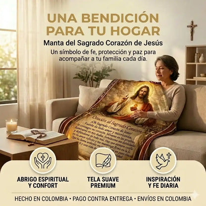 Manta Sagrado Corazon De Jesus 130x90 cm l Fe Y Paz Para Tu Hogar